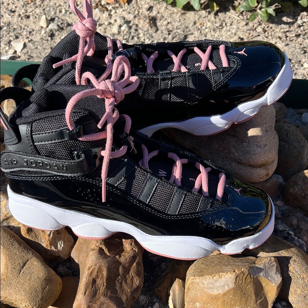 Jordan Women’s Black Patent Leather Sneakers with Pink Laces